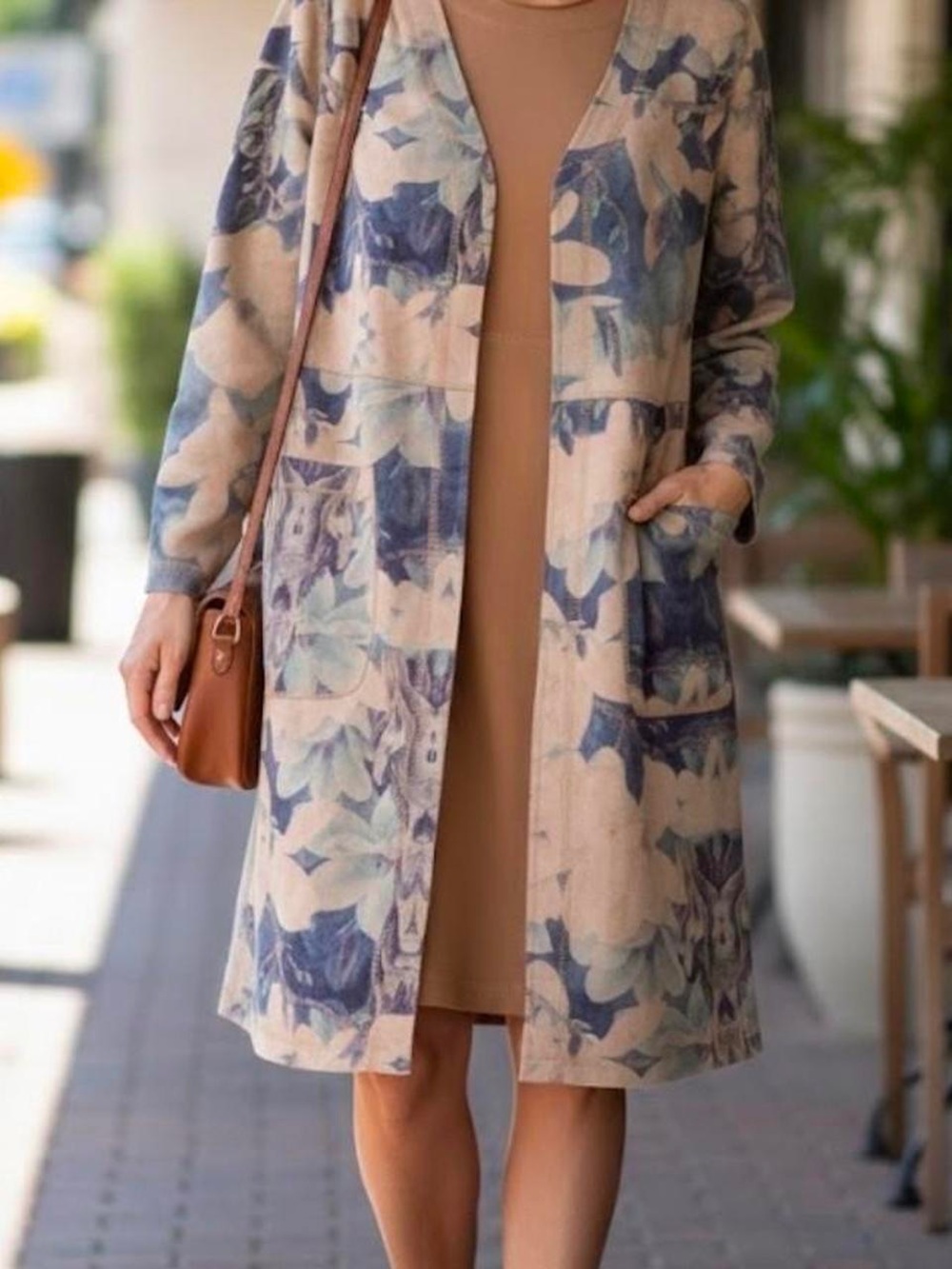 Solitaire Beige and Blue Floral Long Cardigan Coat